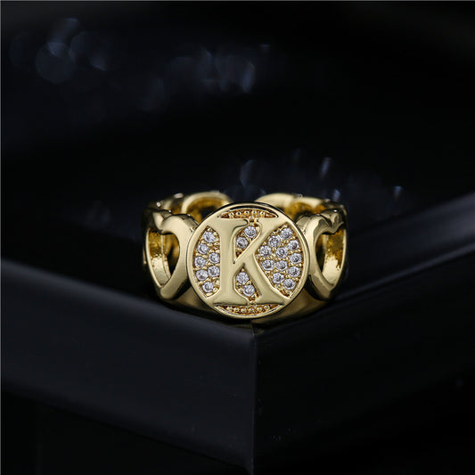 18K Gold Plated Brass Micro-Paved Cubic Zirconia Heart Letter Cuban Link Chain Open Ring for Women