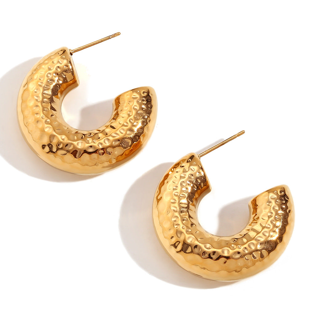 Minimalist Geometric Hollow Hammered Texture Stainless Steel Earrings with 18K Gold Plating for Women
