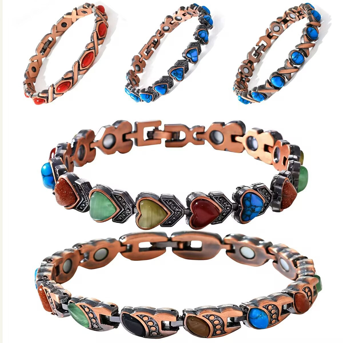 Vintage Brushed Zinc Alloy Heart Geometric Turquoise Magnetic Bracelet Unisex