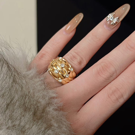 Luxury Gold Plated Brass Checkered Letter Ring for Women