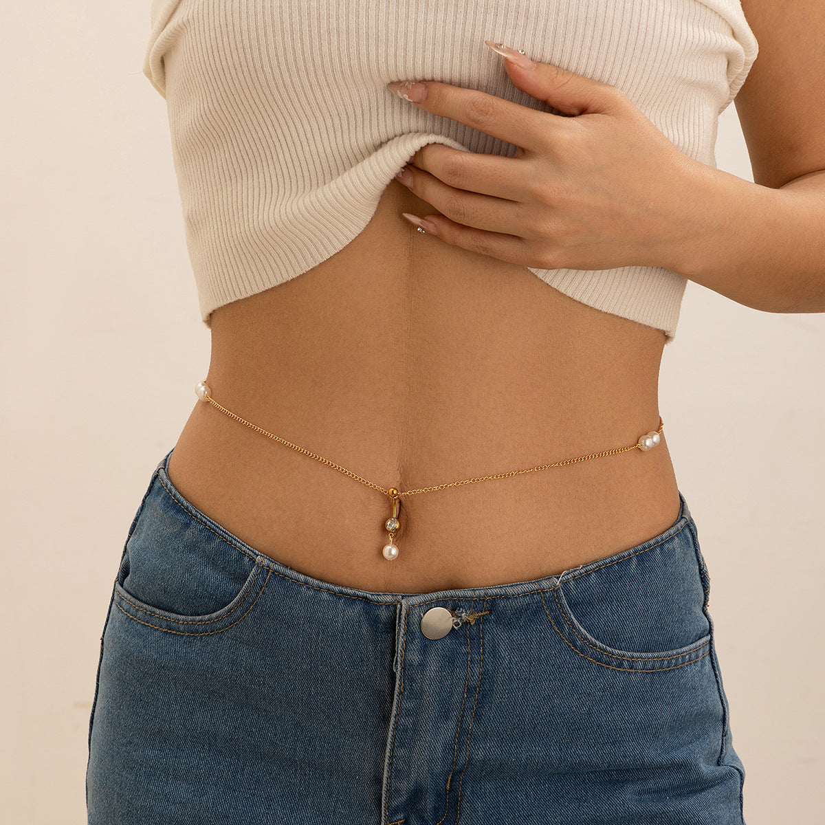 Sexy Cubic Zirconia Imitation Pearl Tassel Body Chain Titanium Steel Plated Belly Button Jewelry for Women