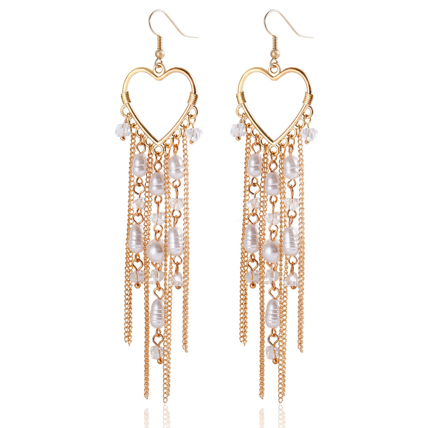 Fashionable Heart-Shaped Alloy Earrings with Rhinestone Embellishment and Fringe Design for Women