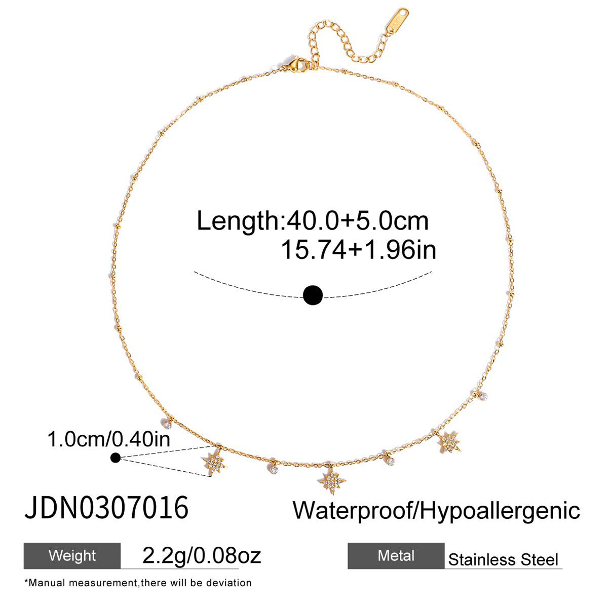 Collana Minimalista in Acciaio al Titanio a Forma di Cuore e Stella da Donna con Intarsio di Strass e Finitura Placcata