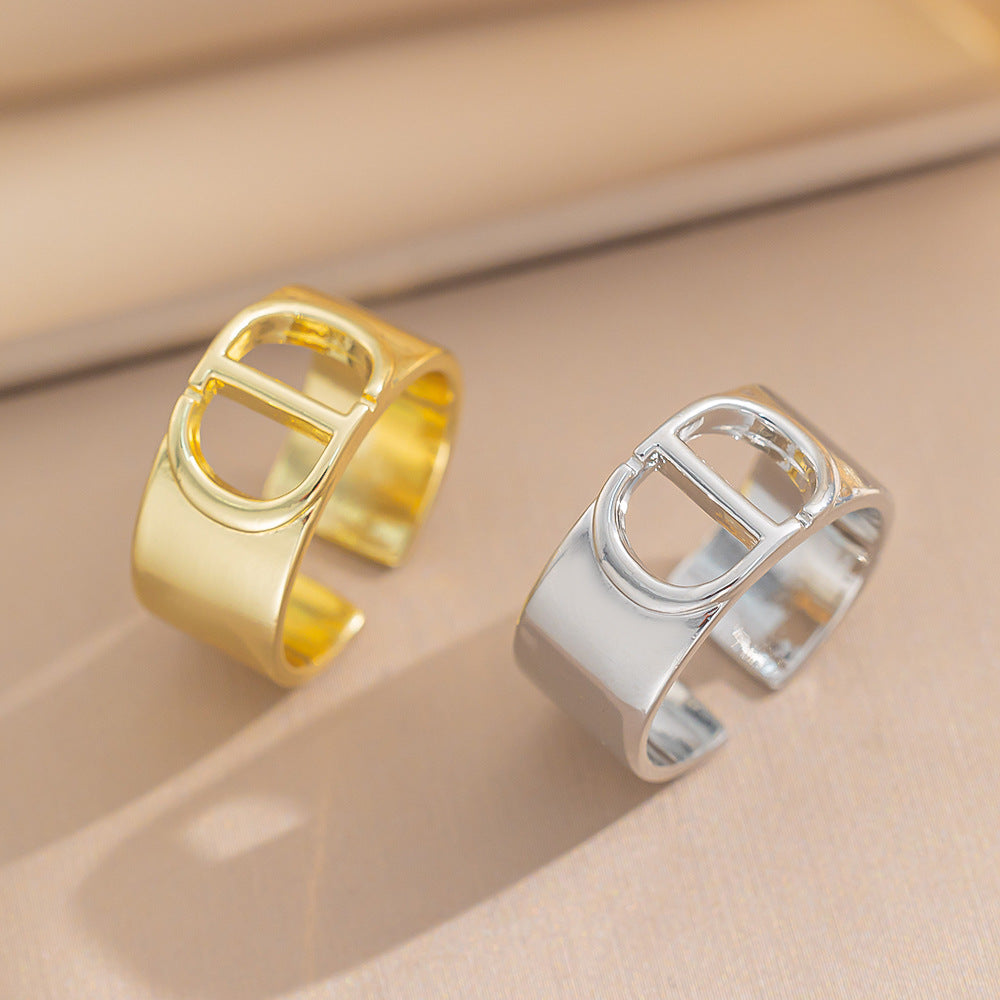 Minimalist Luxury Adjustable C-Shaped Titanium Steel Ring with Engraved Letter Design for Women