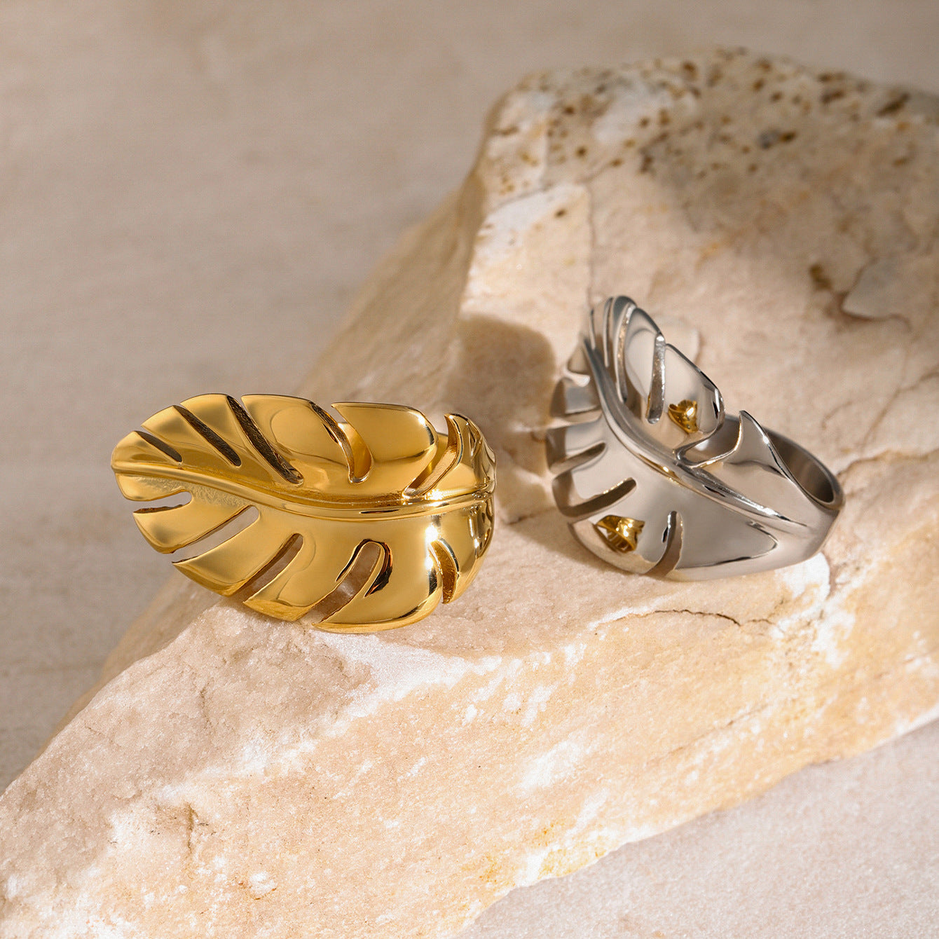 Anello aperto minimalista in acciaio inossidabile placcato oro 18 carati con foglia e piuma, gioielli di moda unisex