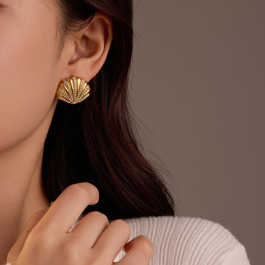 Elegant Shell-Shaped Zirconia-Embellished Stainless Steel Stud Earrings for Women with Plated Finish