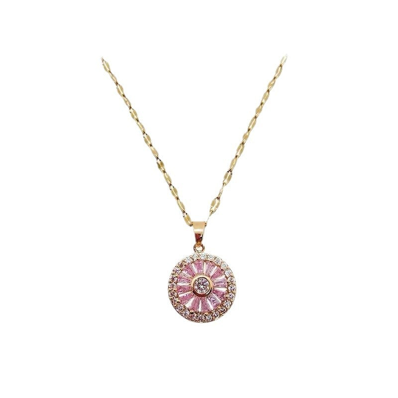 Minimalist Rotating Pink Necklace for Women with Geometric Pendant, Titanium Steel Chain, Zircon Inlay, Daisy and Sunflower Floral Pattern, Long Sweater Chain