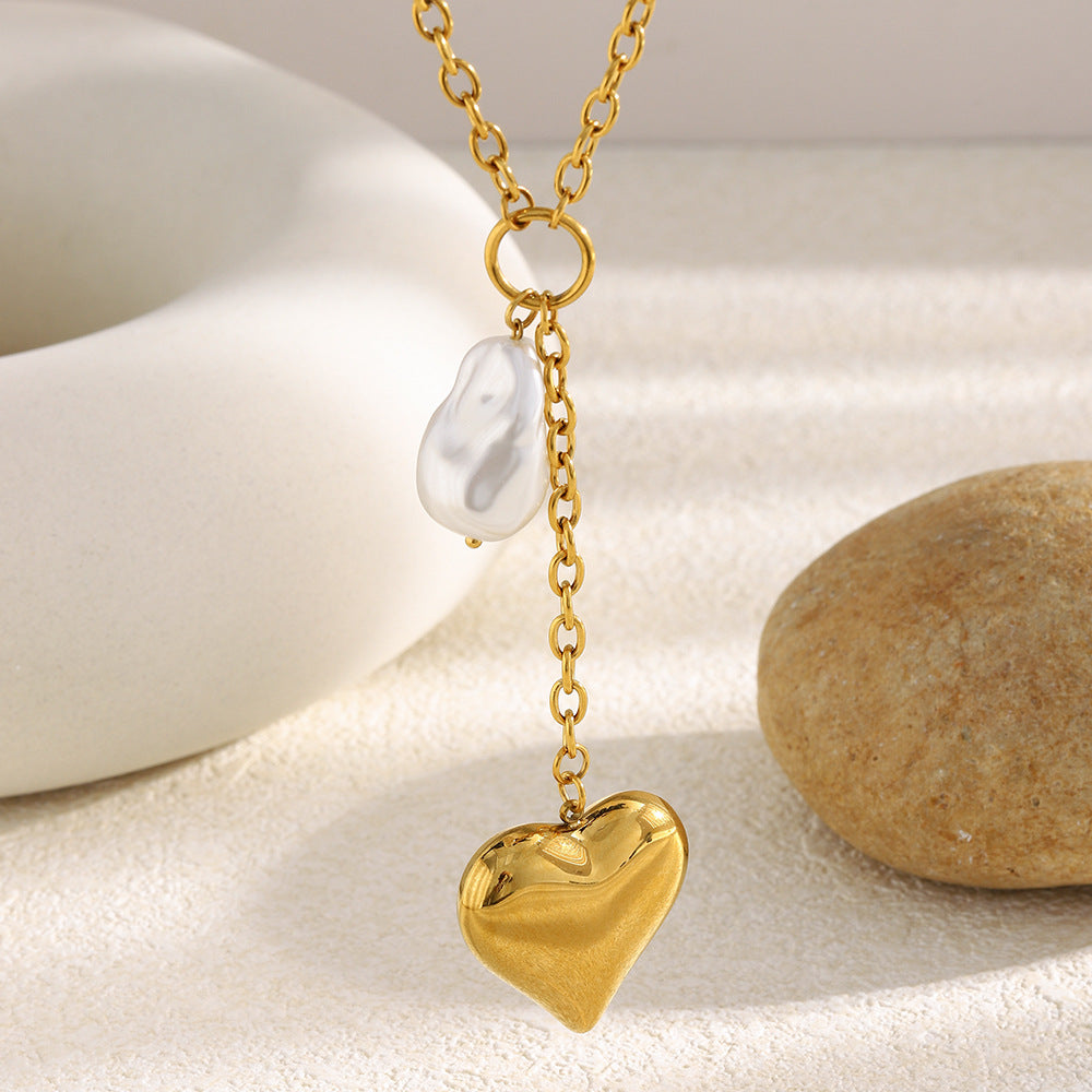 Minimalist Luxe Stainless Steel Pendant Necklace with 18K Gold Plated Heart Charm and Tassel Detail for Women
