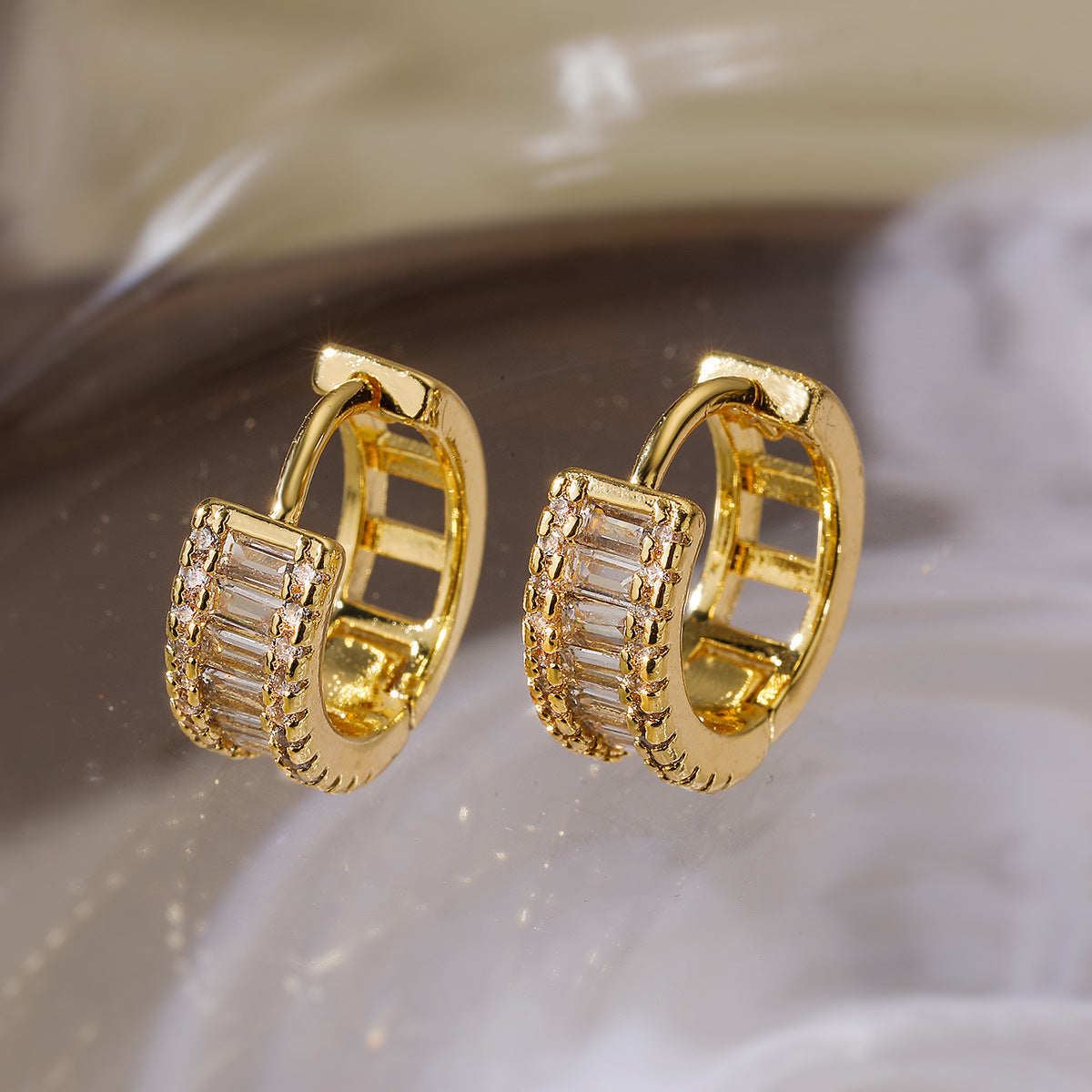 Minimalist Gold Plated Brass Geometric Round Hoop Earrings with Cubic Zirconia