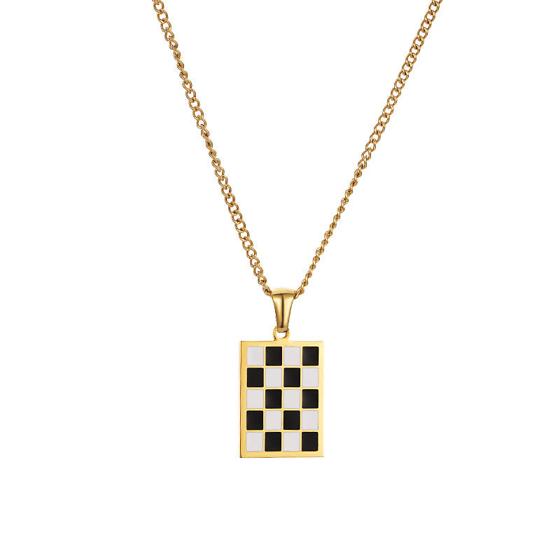 Minimalist Heart-Shaped Titanium Steel Pendant Necklace with Black-and-White Checkerboard Pattern on O-Chain for Women