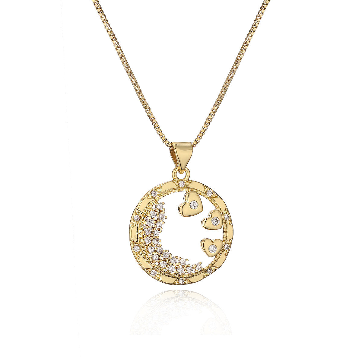 Minimalist Geometric Star and Heart Pendant Necklace with Hollow-Out Design, Copper Base Plated in 18K Gold, Zircon Inlay