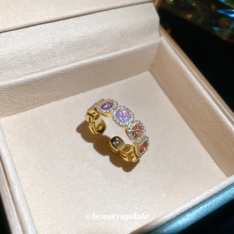 Anillo de Cobre Bañado en Oro, Geométrico Minimalista, de Cuatro Lados, con Incrustaciones de Zirconia para Mujer, Uso Diario, Estilo Lujoso, Banda para el Dedo Índice