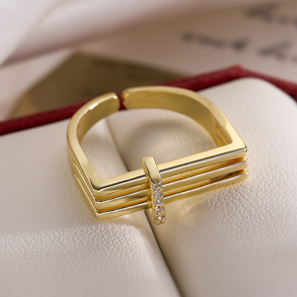 Minimalist Geometric Open Ring for Women Made of Brass with 18K Gold Plating and Cubic Zirconia Inlay