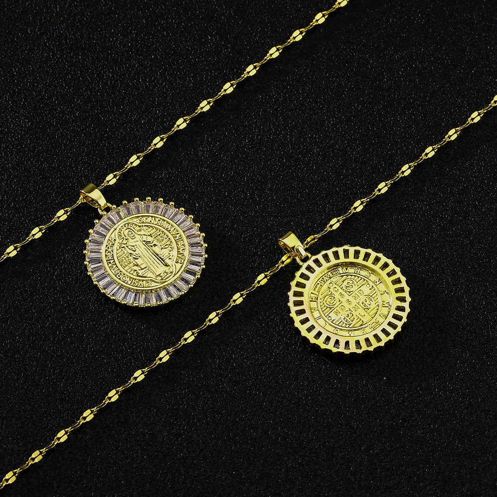 Collar de acero inoxidable con colgante geométrico minimalista de San Benito para mujer, con charm de cobre chapado en oro y cadena con diseño de labios