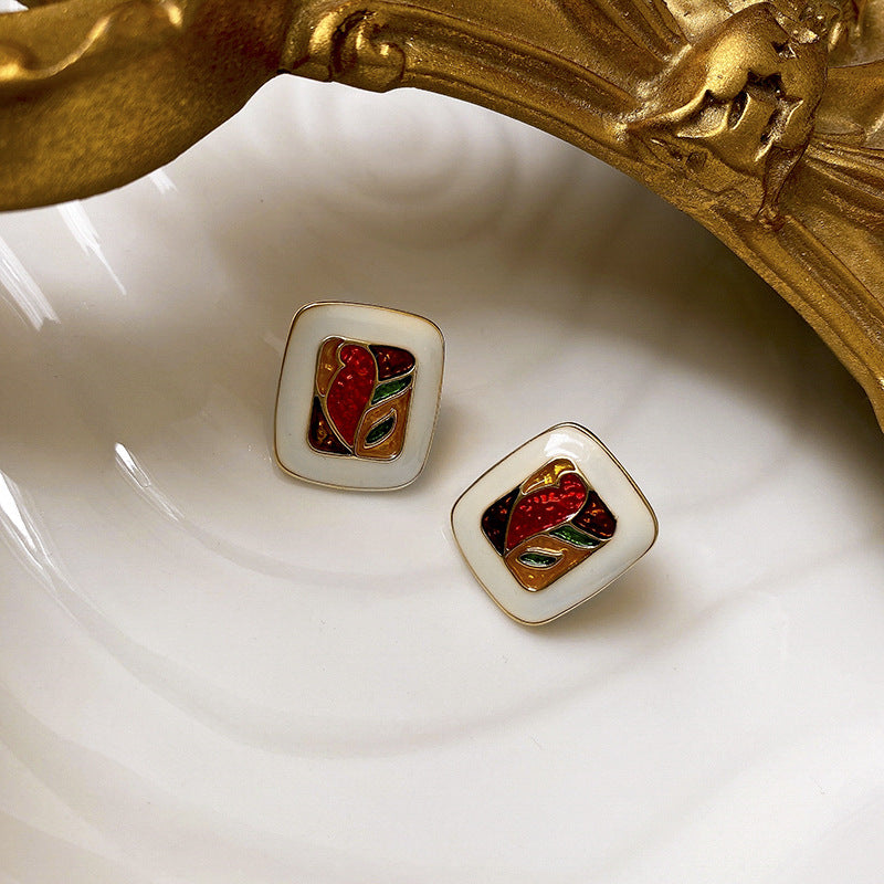 Vintage Art-Inspired Enamel Square Stud Earrings for Women with Stainless Steel Posts
