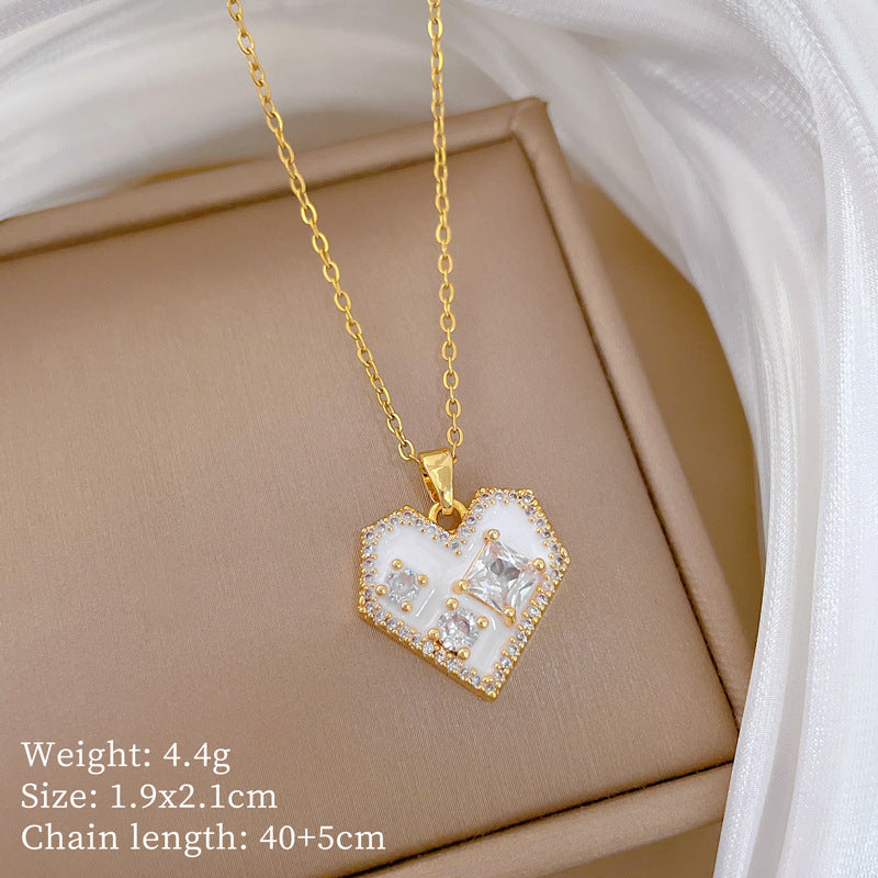 Sweet Elegant Heart Drip Oil Cubic Zirconia Titanium Steel Necklace for Unisex