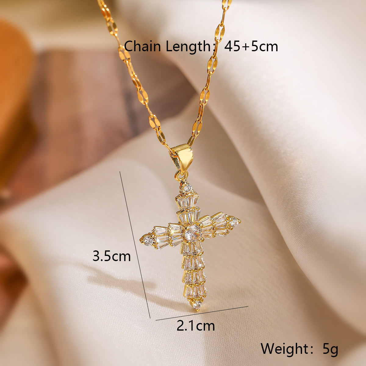 Collana con Ciondolo a Croce Minimalista da Donna in Rame Placcato Oro e Zirconi, Catenina a Maglie Geometriche