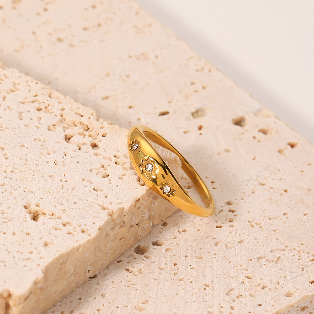 Vintage French Round Geometric Ring 18K Gold Plated Titanium Steel White Zircon Inlay Women
