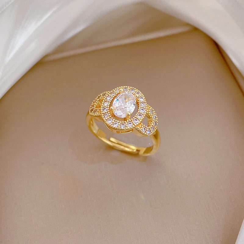 Minimalist Sweet Gold Plated Oval Rhinestone Adjustable Ring for Women