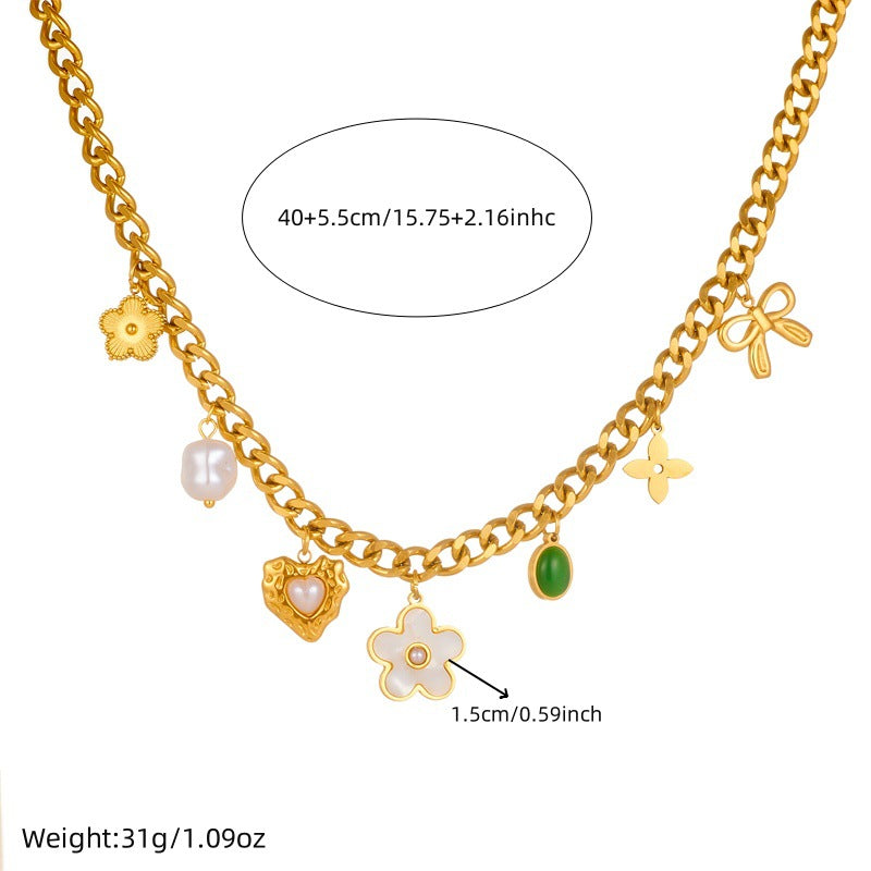 Vintage Pearl White Shell Floral Heart Bow Emerald Oval Pendant Stainless Steel Necklace for Women