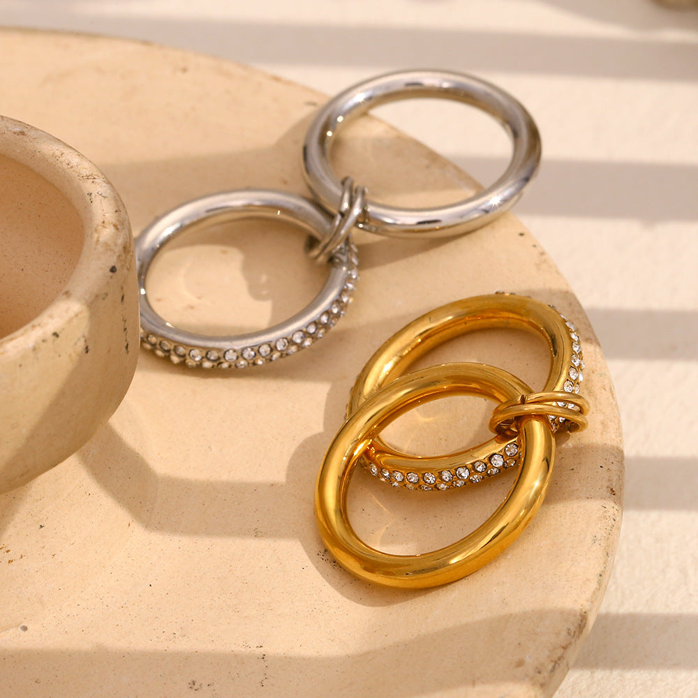 Vintage-Inspired Geometric Stainless Steel Ring with 18K Gold Plating and Rhinestone Accents for Women