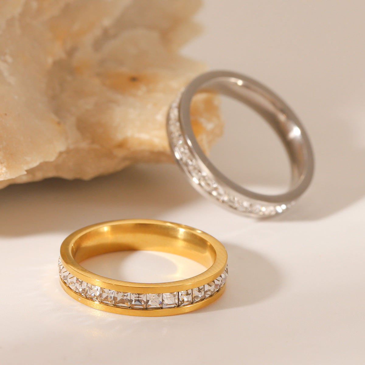 Minimalist Geometric Stainless Steel Ring 18K Gold Plated with Cubic Zirconia for Women