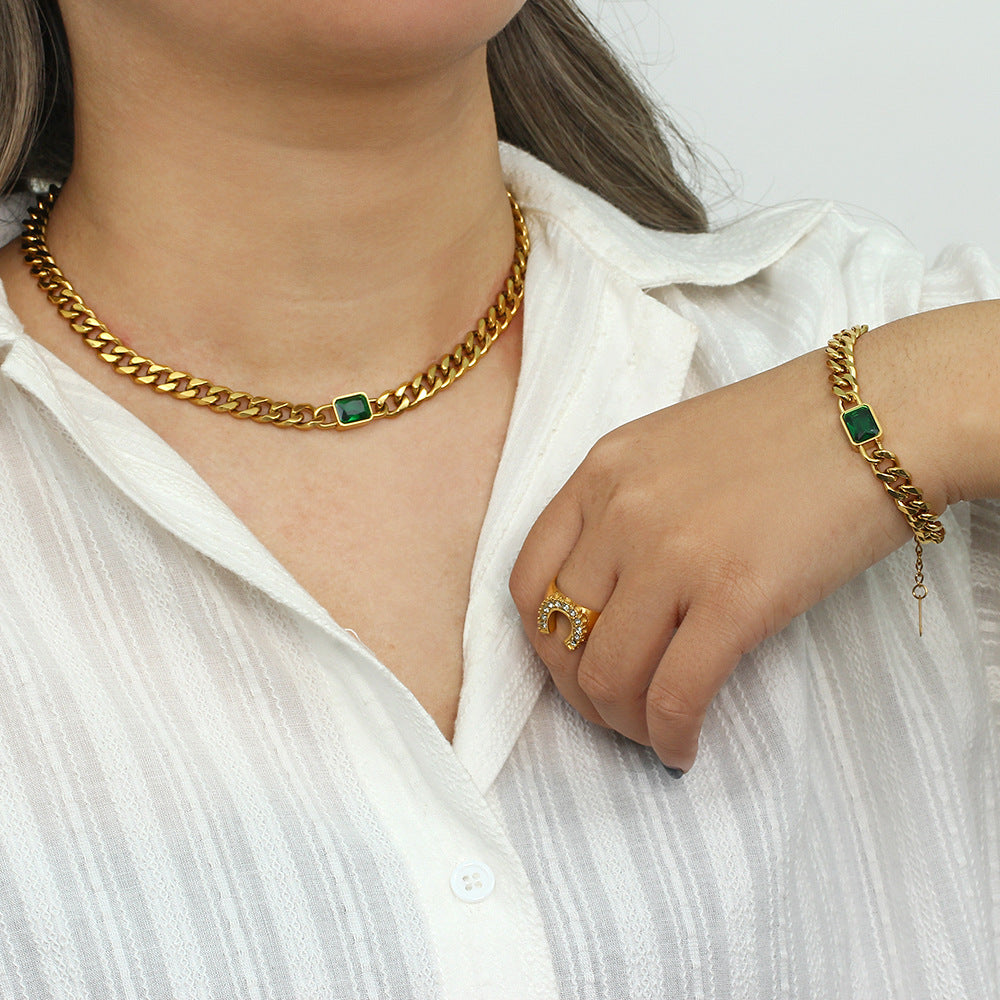 Collana da donna con catena cubana placcata in acciaio inossidabile e oro 18 carati, con pendente quadrato in zircone, in stile vintage