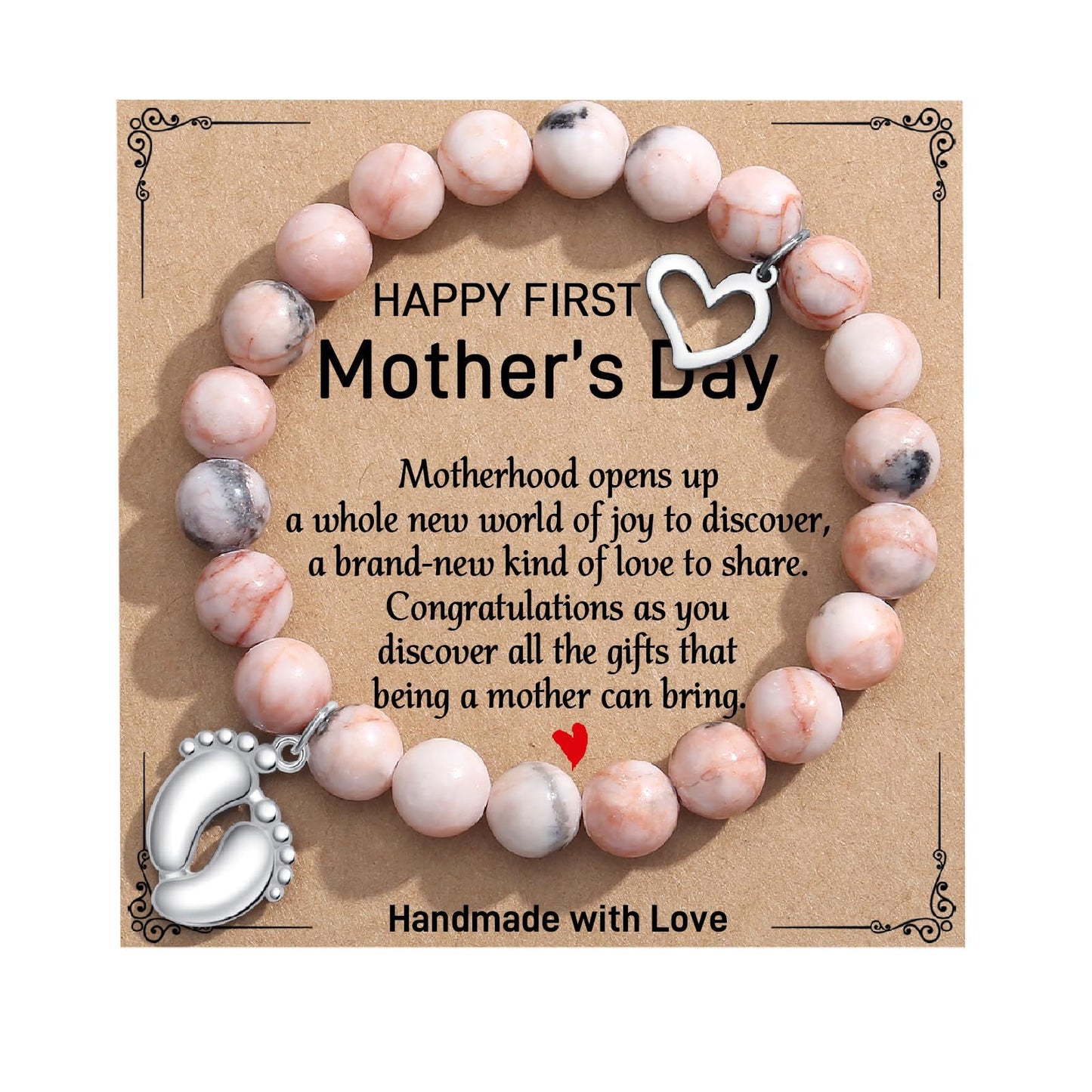 8mm Pink Zebra Agate and Imperial Turquoise Floral Heart Bracelet with Gemstone Inlay Unisex Handmade Jewelry