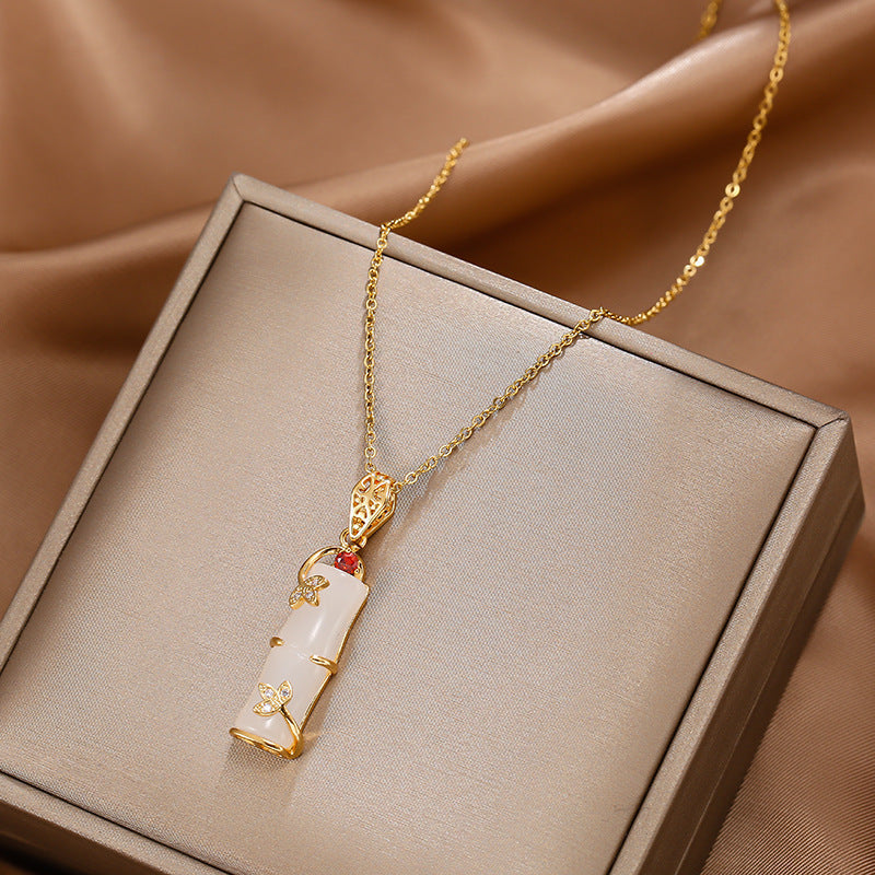Minimalist Bamboo-Shaped Titanium Steel Pendant Necklace with Gold Plating, Geometric Design, O-Chain, Elegant Locket Style