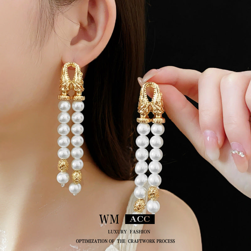 Orecchini pendenti da donna con perle finte a doppio strato, geometrici ed eleganti, con perni in acciaio placcato argento
