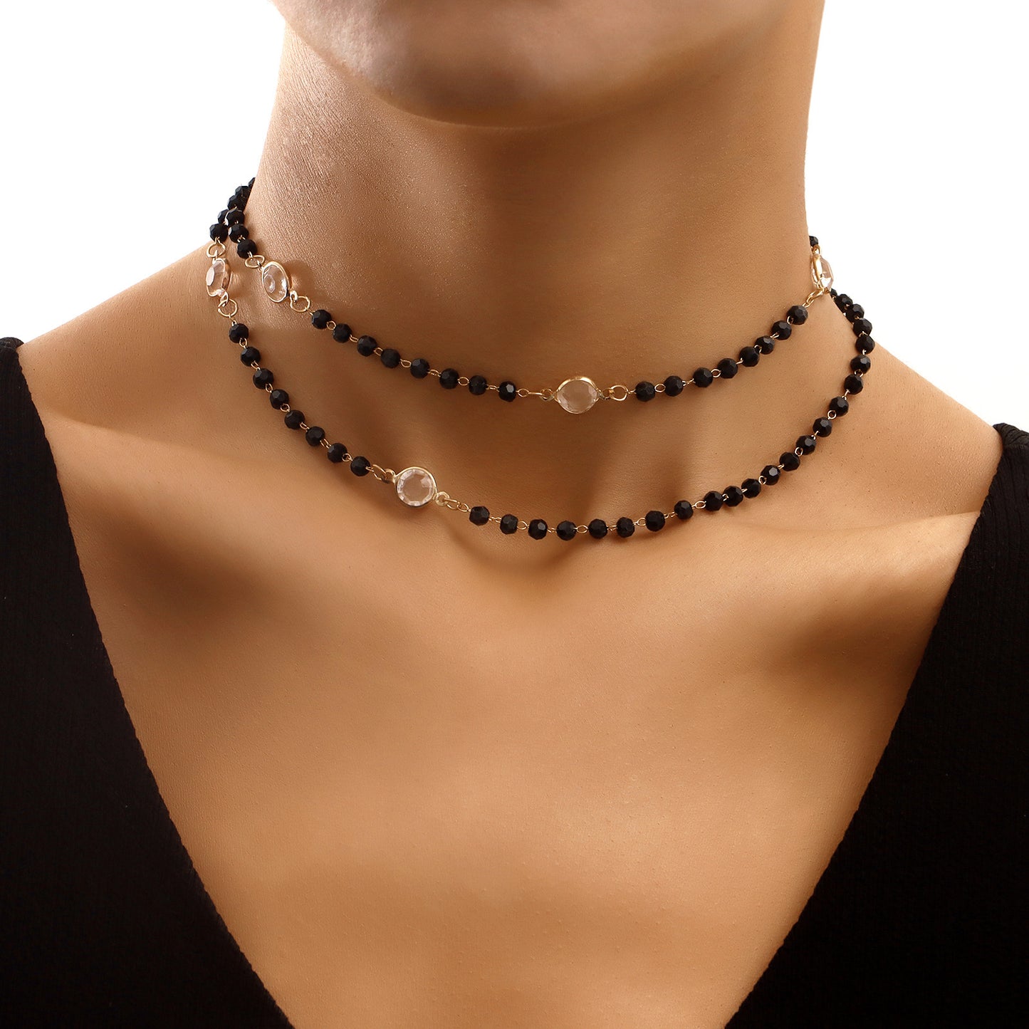 Minimalist Geometric Double-Layer Necklace for Women with Black Rhinestones and White Zirconia on Alloy Base with Electroplated Finish