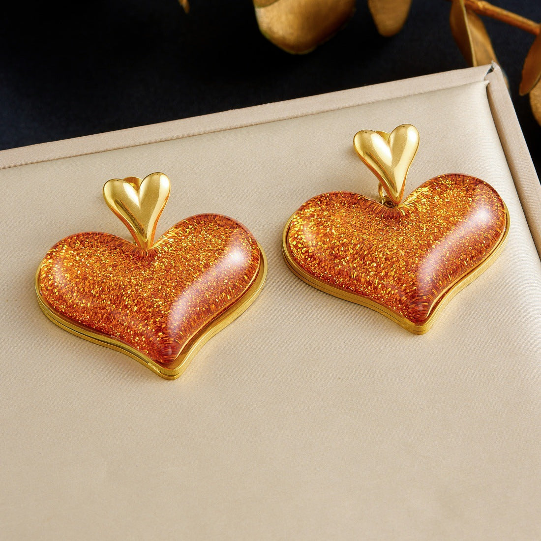 Exaggerated Streetwear Gold Plated Stainless Steel Heart Earrings with Brown Glitter