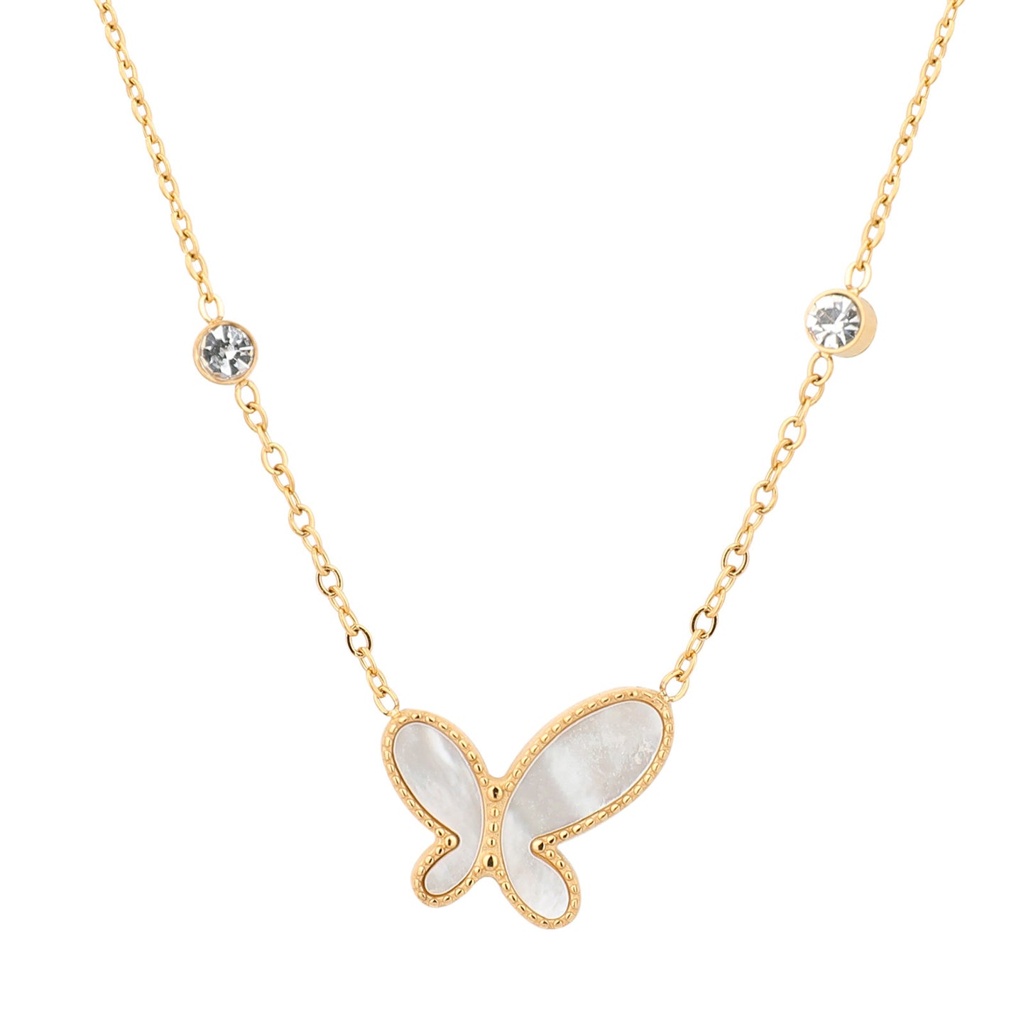 Elegante Collana con Ciondolo a Farfalla in Madreperla per Donna — Acciaio al Titanio con Intarsio in Oro, Catena O, Collana con Chiave di Volta d'Ispirazione Vintage