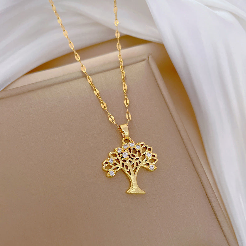 Collana con Pendente Albero Geometrico Minimalista e Frutti Abbondanti in Acciaio al Titanio con Accenti di Strass per Donne e Uomini