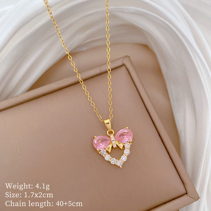 Geometric Minimalist Titanium Steel Lip Chain Necklace with Copper Pendant and Rhinestone Inlay
