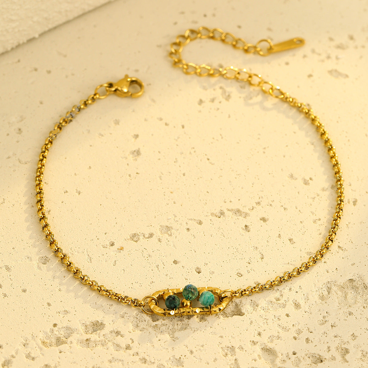Minimalist Geometric Stainless Steel Bracelet with Natural Stone Inlay and 18K Gold Plating for Women