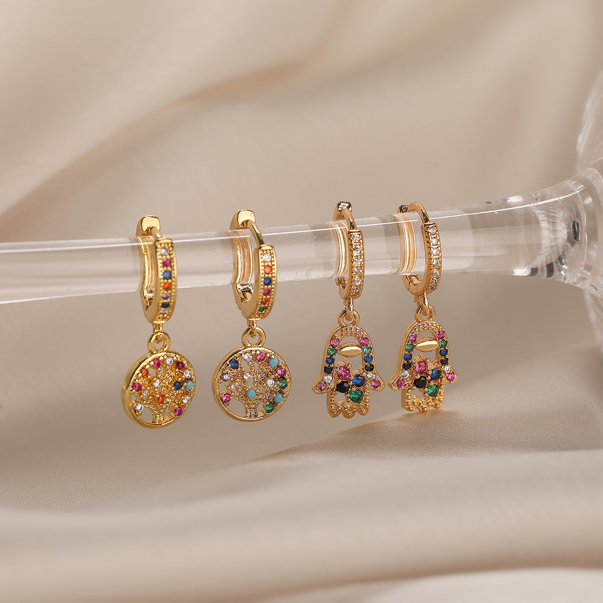 Minimalist Geometric Palm Tree Hand-Shaped Earrings in Brass with Real Gold Plating and Zircon Inlay
