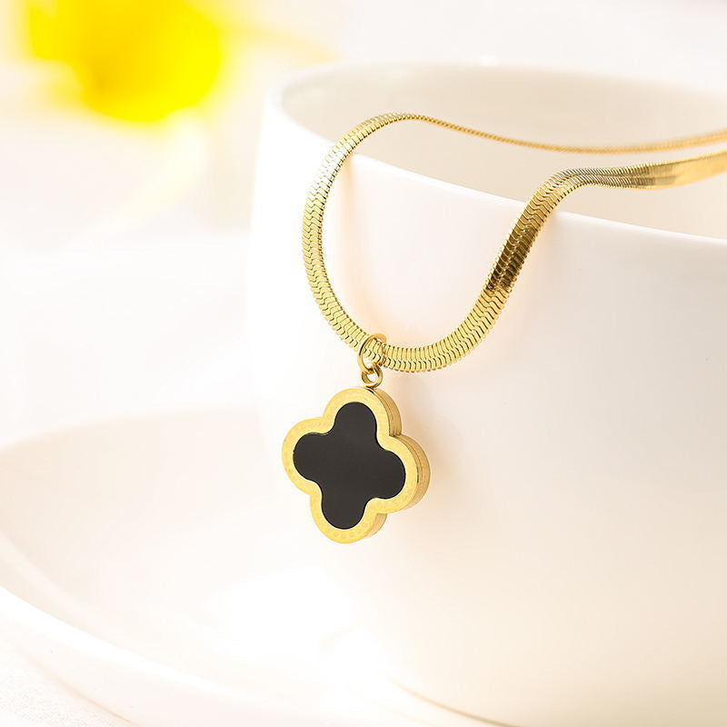 Fashionable Clover Leaf Pendant Necklace for Women with Titanium Steel Flat Snake Chain and Floral Design