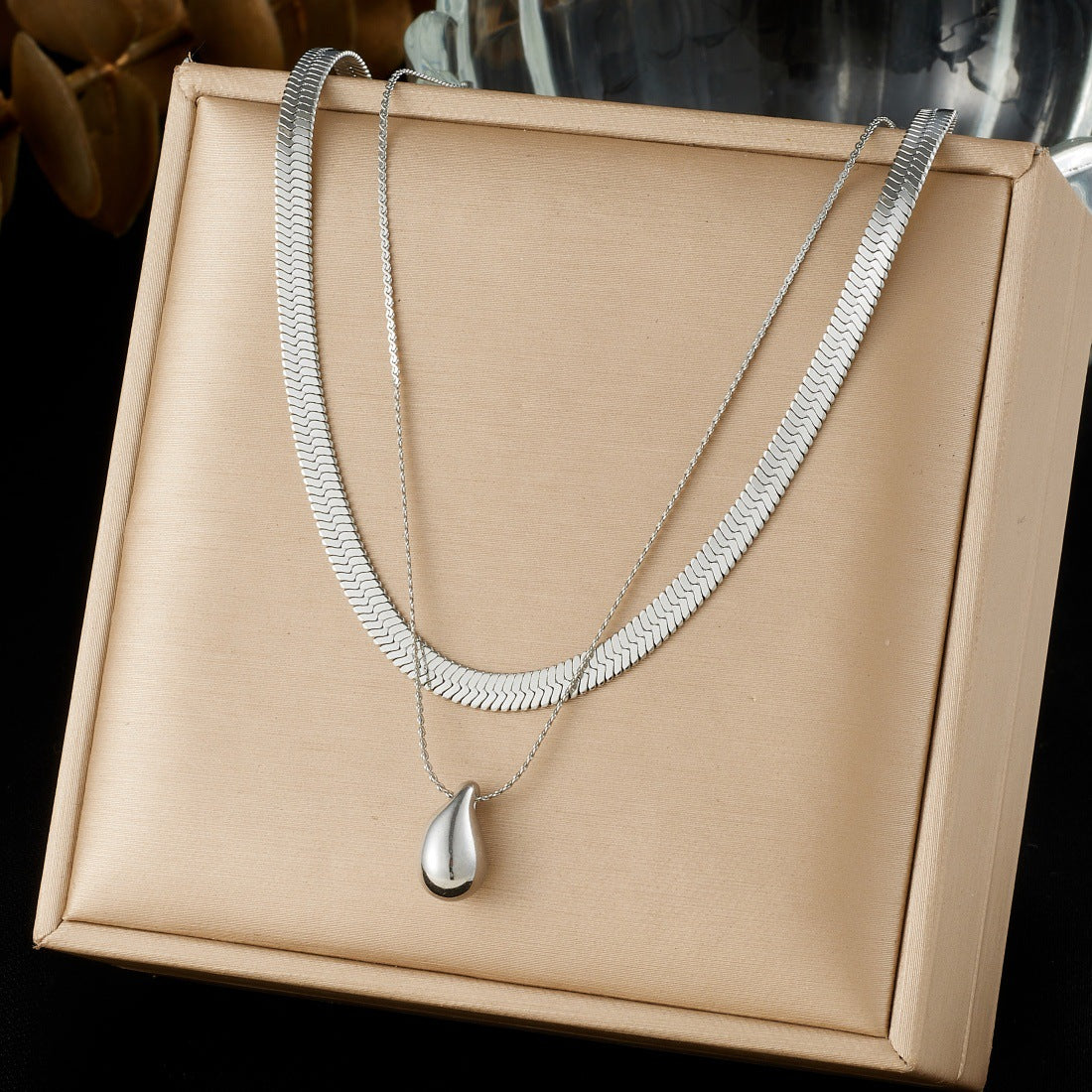 Double Layer Gold Plated Stainless Steel Snake Chain Necklace with Teardrop Pendant