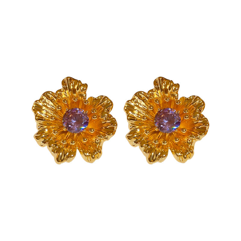 Orecchini Vintage da Donna con Motivo Floreale Geometrico, Placcatura in Oro e Intarsi in Zirconi