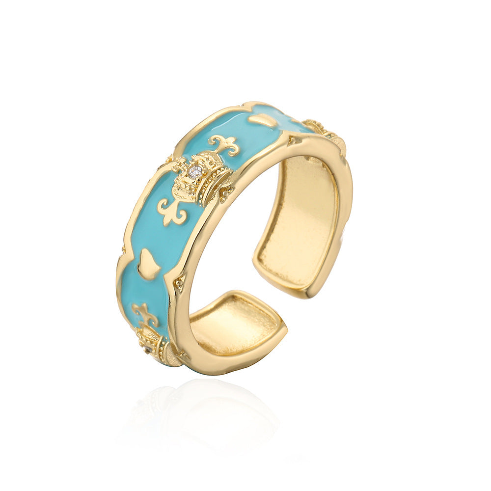 Minimalist Geometric Copper Ring with 18K Gold Plating, Enamel Crown Design and Zircon Inlay for Women