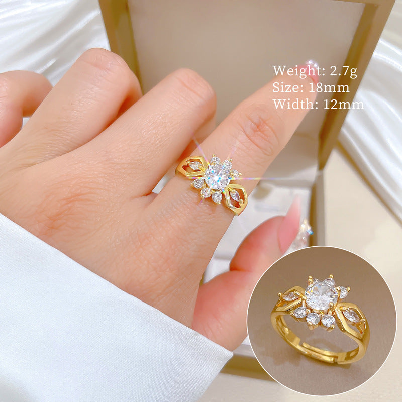 Sweet Cartoon Gold Plated Brass Cubic Zirconia Ring Adjustable Open Band for Women and Couples