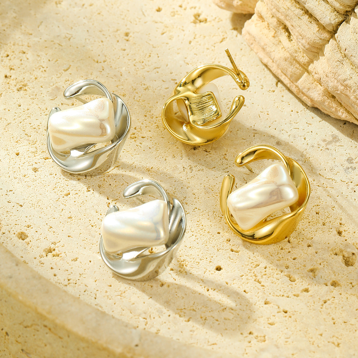 Pendientes de acero de titanio con incrustaciones de perlas, diseño geométrico irregular estilo vintage francés, joyería minimalista de moda galvanizada para mujer