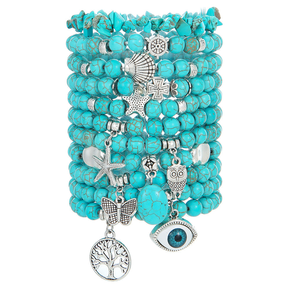 Vintage Ethnic Geometric Turquoise Beaded Bracelet with Cross Starfish Turtle and Eye Charms for Unisex