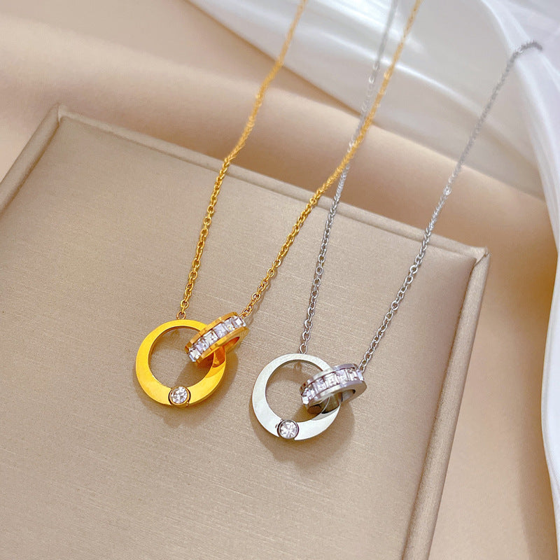 Minimalist Geometric Rhinestone Titanium Steel Collar Chain Necklace Floral Pendant