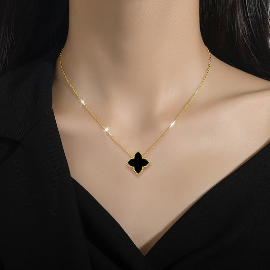 Collar Minimalista de Acero de Titanio con Cadena de Trébol de Cuatro Hojas y Diamantes de Imitación