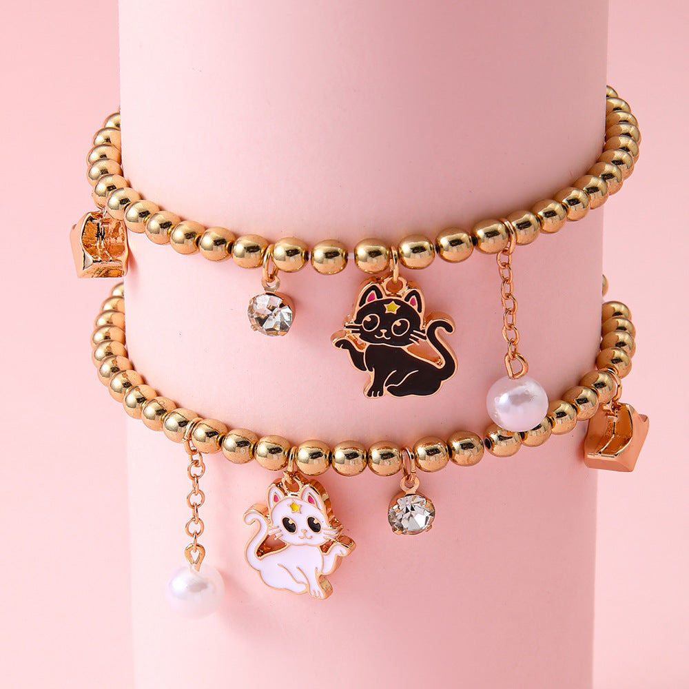 Cartoon Cat-Shaped Resin Bracelet for Girls Children's Animal-Themed Jewelry with Alloy-Inlaid Artificial Gemstones