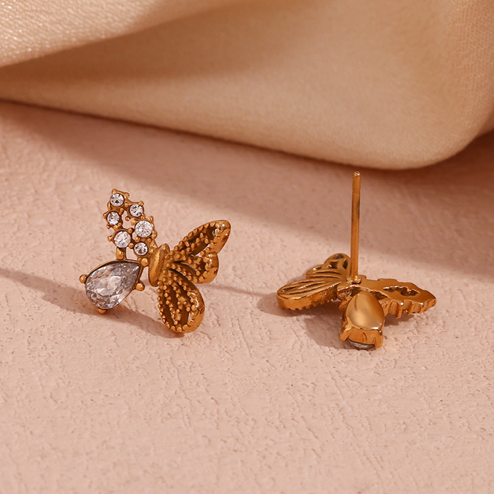 Pendientes Asimétricos de Mariposa para Mujer de Acero Inoxidable con Baño de Oro de 18K y Circonitas Semipavé
