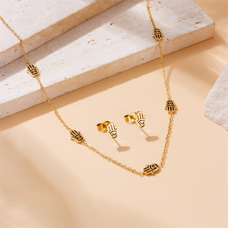 Fashion Hand-Shaped Plated Stainless Steel Box Chain Necklace Earrings Bracelet Set