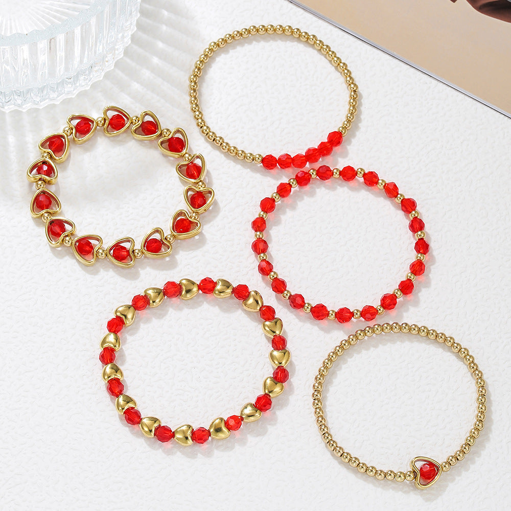 Fashion Red Crystal Beaded Heart Bracelet Multi-Layer Acrylic Geometric Jewelry for Women and Men